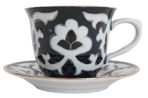 ウズベキスタン綿花柄陶器　プレート ・コーヒーカップ　２枚セット