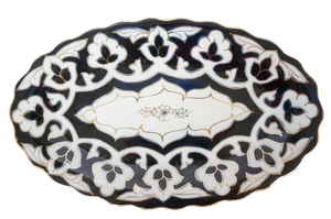 ウズベキスタン綿花柄陶器プレート　長皿